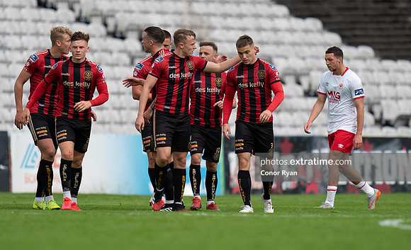 Bohemian players congratulate Anto Breslin after scoring their opening goal