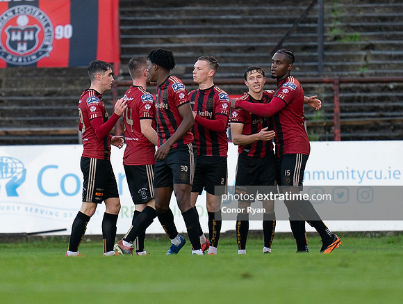 Bohemian players celebrate the opening goal.