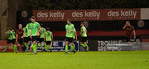 Finn Harps FC players run to congratulate Mark Russell after the opening goal