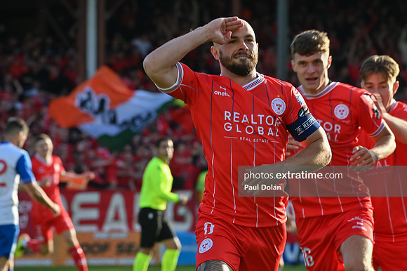 Mark Coyle celebrates Shels opening goal v St Joseph's (GBR) UECL game 11 July 2024 Tolka Park No 1